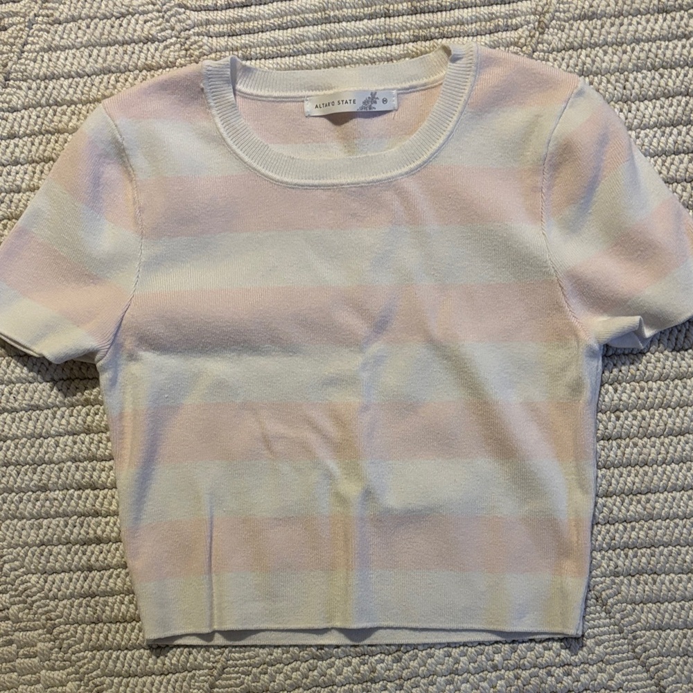 Altar'd State Pastel Striped Cropped Knit Tee - Pink, Cream & Blue